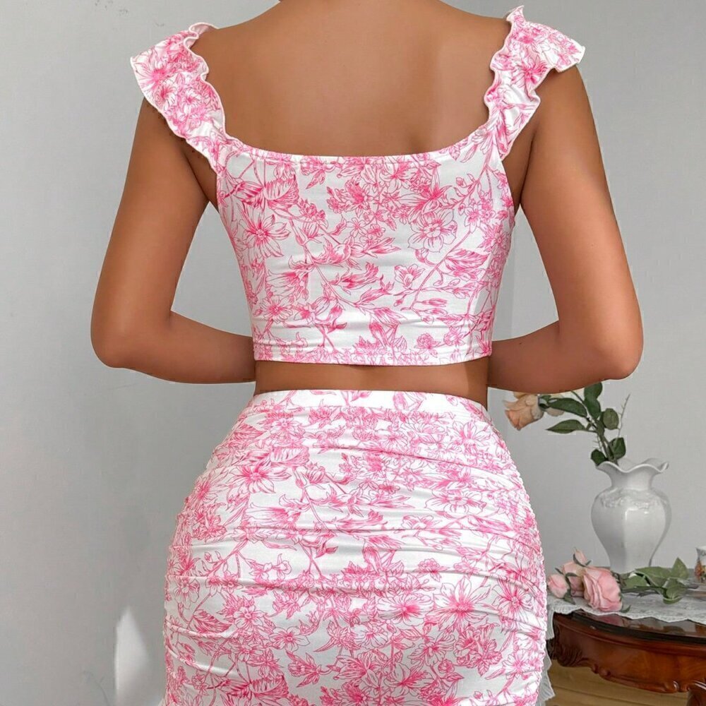Hot Pink Boho Women's Ruffle Trim Ruffled 2-Piece Set - Picture 5 of 6